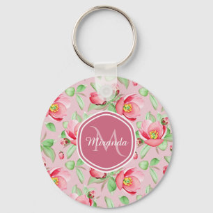 Sweet Pink Apple Blossom Floral With Monogram Keychain
