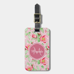 Sweet Pink Apple Blossom Floral With Monogram Luggage Tag