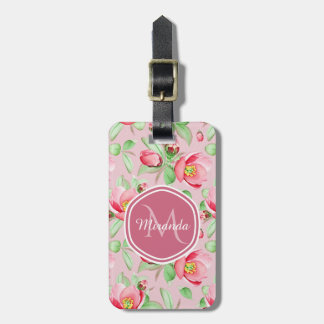 Sweet Pink Apple Blossom Floral With Monogram Luggage Tag