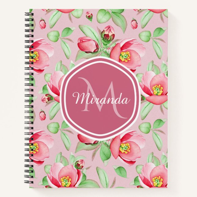 Sweet Pink Apple Blossom Floral With Monogram Notebook (Front)