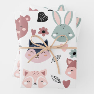 Sweet Pink Bear Fox And Bunny Forest Wrapping Paper Sheet