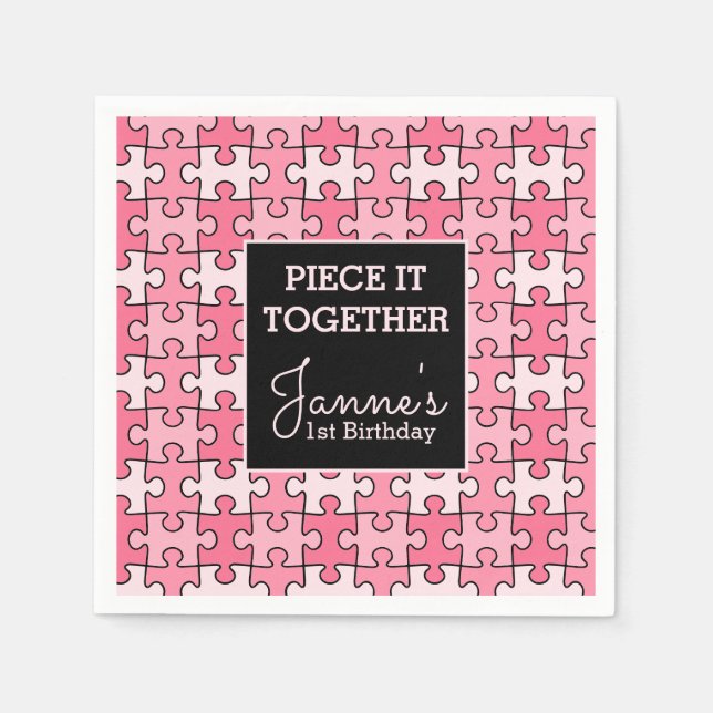Sweet Pink Black Piece It Together Puzzle Birthday Napkin (Front)