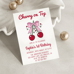 Sweet Pink Bow Cherry on Top 1st Birthday Invitation