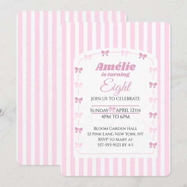 Sweet Pink Bow Coquette 8th Birthday Party Invitation (Front/Back)