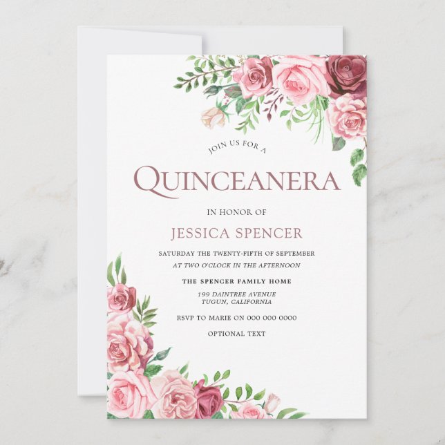 Sweet Pink & Burgundy Roses Quinceanera Invite (Front)