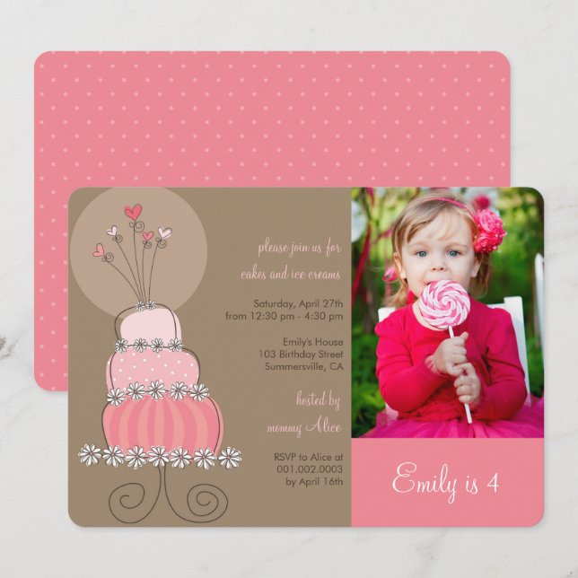 Sweet Pink Cake Girl Anniversaire Invitation photo (Devant / Derrière)