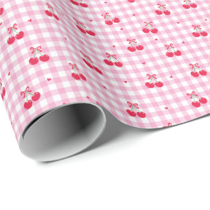 Sweet Pink Cherry Plaid Print Wrapping Paper Roll