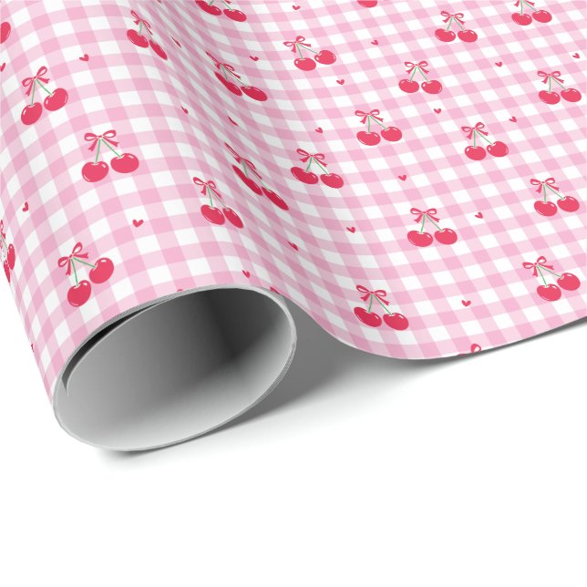 Sweet Pink Cherry Plaid Print Wrapping Paper Roll (Roll Corner)