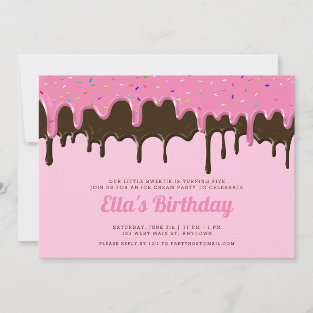 Sweet Pink + Chocolate Icing Ice Cream Birthday Invitation (Front)