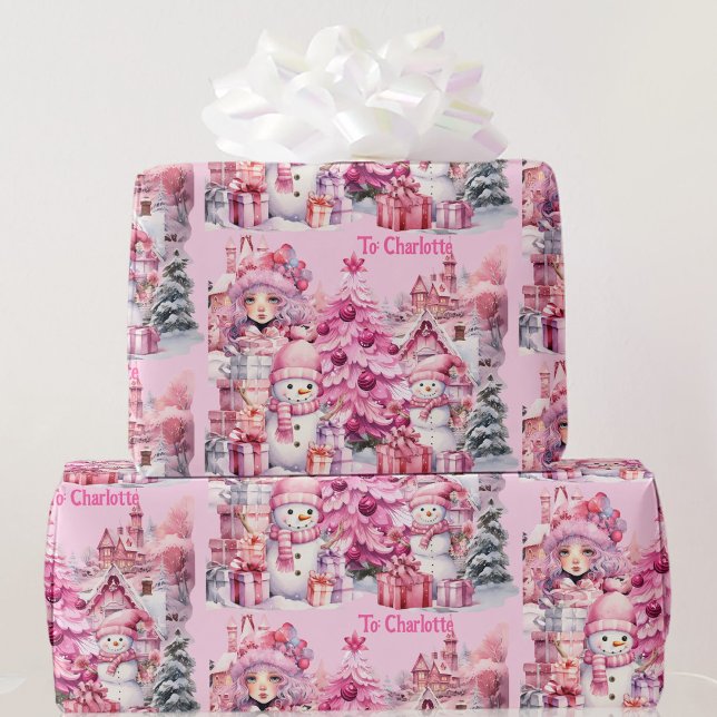 Sweet Pink Christmas Add Girl's Name Snowman Tree Wrapping Paper (Creator Uploaded)