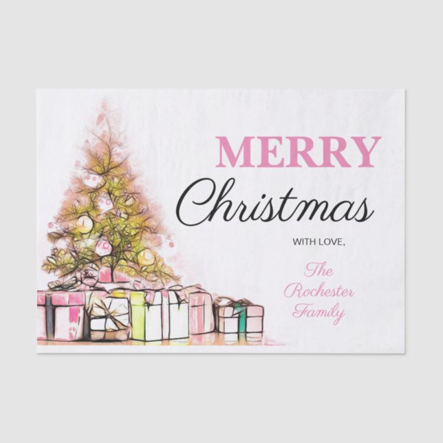 Sweet Pink Christmas Tree & Presents Holiday Tissue Paper (Front)