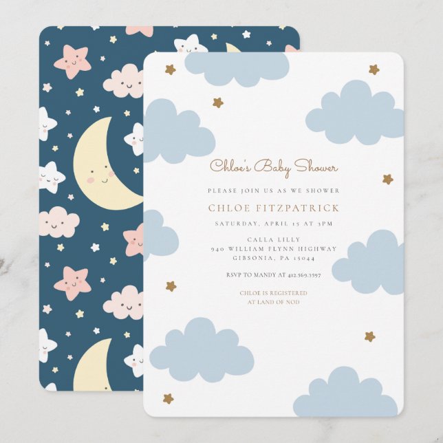 Sweet Pink Clouds Baby Shower Invitation Blue (Front/Back)