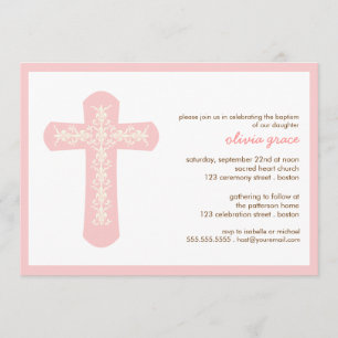 Sweet Pink Cross Baptism Christening Invitation
