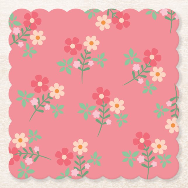 Sweet Pink Daisy Bouquet Retro Pattern  Paper Coaster (Front)