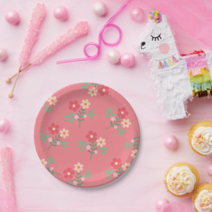Sweet Pink Daisy Bouquet Retro Pattern Paper Plate