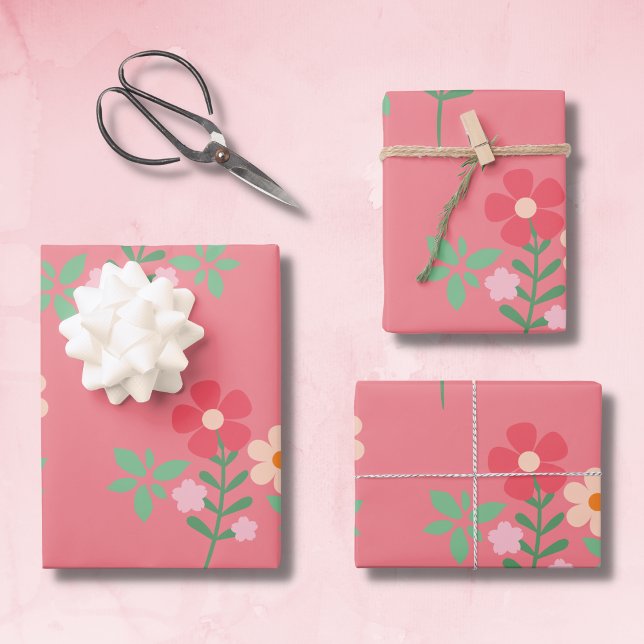 Sweet Pink Daisy Bouquet Retro Pattern Wrapping Paper Sheet (Creator Uploaded)