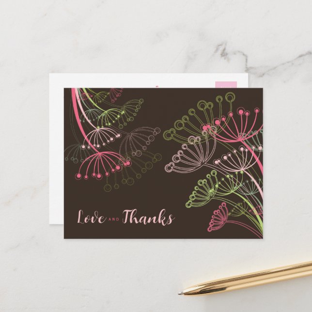 Sweet Pink Dandelions Flower Chic Love & Thanks Postcard (Front/Back In Situ)