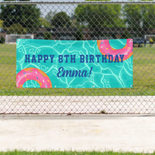 Sweet Pink Doughnut Blue Water Pool Party Birthday Banner
