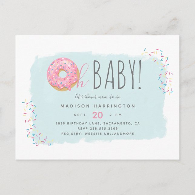Sweet Pink Doughnut Sprinkle Modern Oh Baby Shower Invitation Postcard (Front)