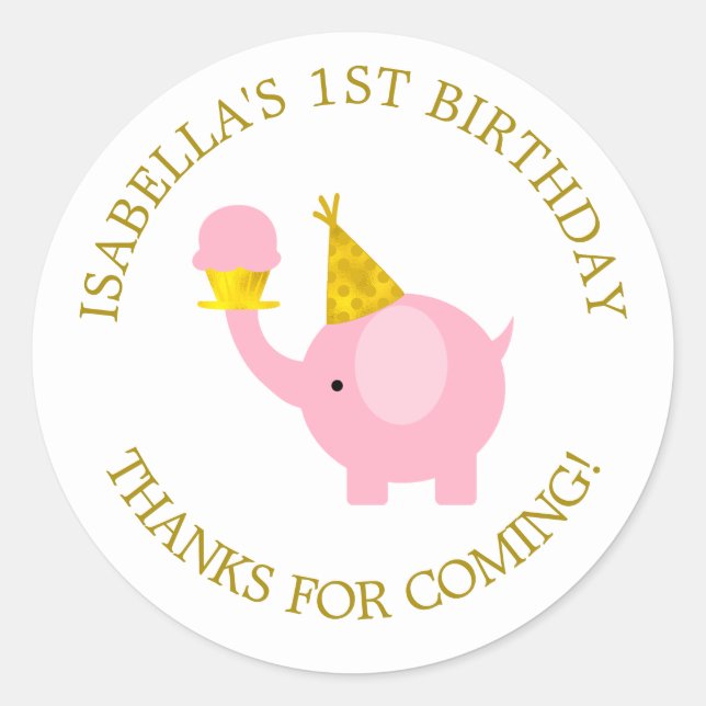 Sweet Pink Elephant Birthday Party Classic Round Sticker (Front)