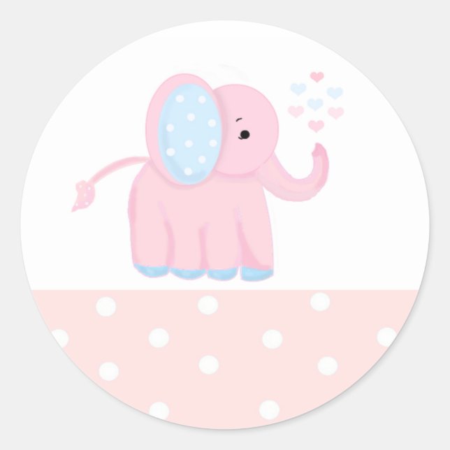 Sweet Pink Elephant with Polka Dot Border Classic Round Sticker (Front)