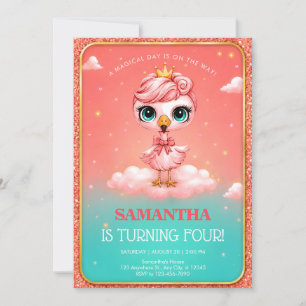 Sweet Pink Flamingo Turning Four Birthday Party Invitation