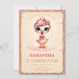 Sweet Pink Flamingo Turning Four Birthday Party Invitation