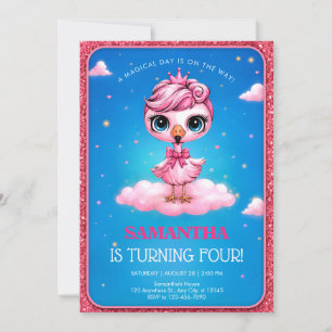 Sweet Pink Flamingo Turning Four Birthday Party Invitation