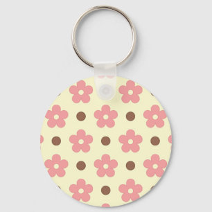 Sweet Pink Floral and Brown Polkadot Retro Keychain
