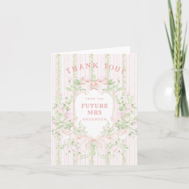 Sweet Pink Floral Bridal Shower Crest Thank You Card (Front)