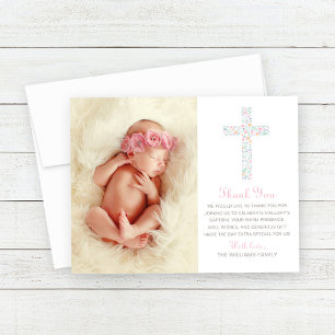 Sweet Pink Floral Cross Baptism Girl Photo Thank You Card