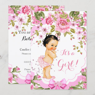 Sweet Pink Floral Rose Baby Shower Girl Brunette Invitation
