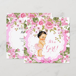 Sweet Pink Floral Rose Baby Shower Girl Brunette Invitation