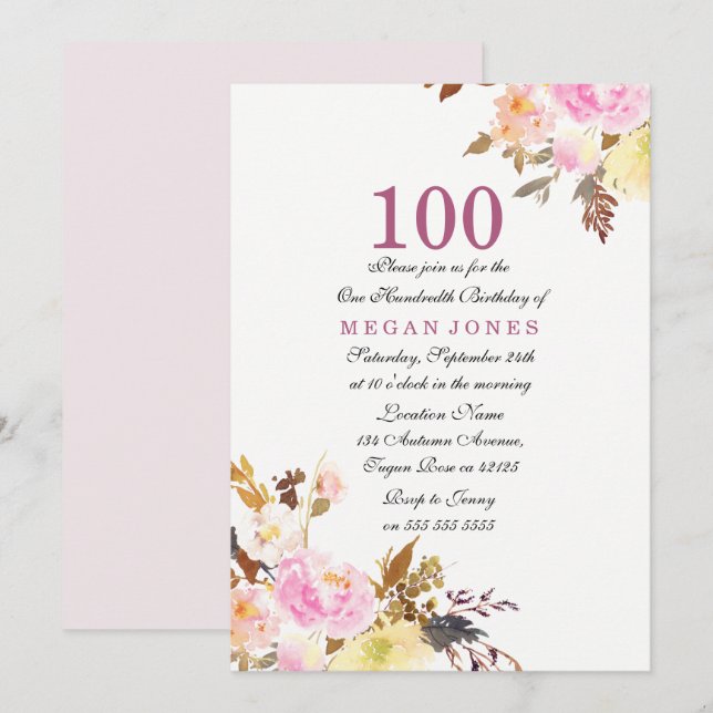 Sweet Pink Floral Script 100th Birthday Invitation (Front/Back)