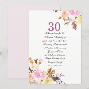 Sweet Pink Floral Script 30th Birthday Invitation