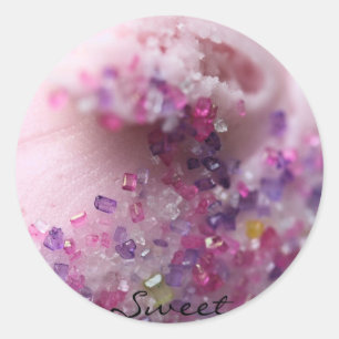 'Sweet" Pink frosted cupcake with pink sugar Classic Round Sticker
