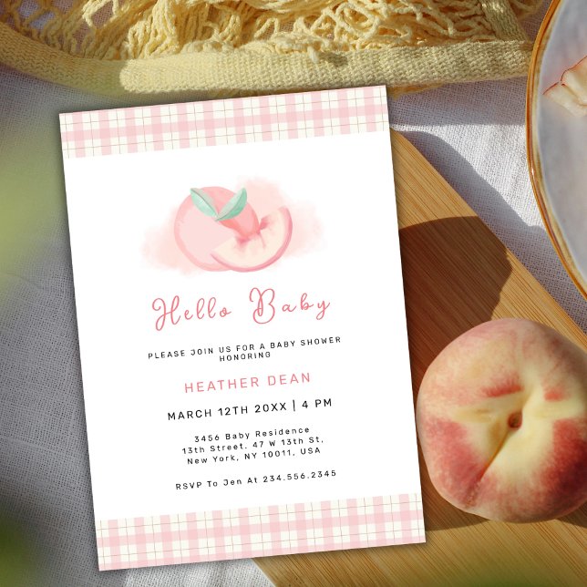 Sweet Pink Gingham Peach Baby Shower Invitation (Sweet Pink Gingham Peach Baby Shower Invitation)
