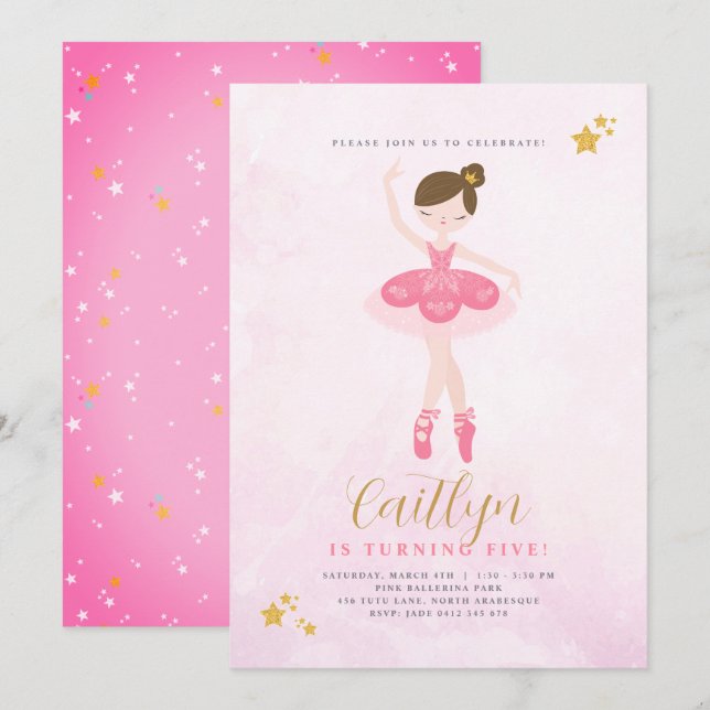 Sweet Pink & Gold Ballerina Birthday Invitation (Front/Back)