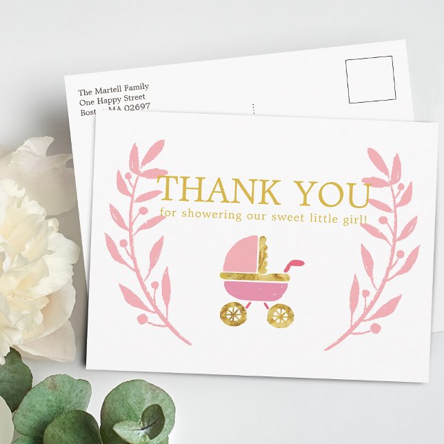 Sweet Pink Gold Carriage Baby Shower Thank You Postcard (Sweet Pink Gold Carriage Baby Shower Thank You Postcard)