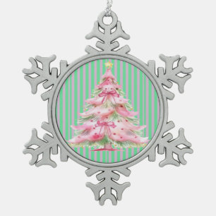 Sweet Pink Green Christmas Tree Snowflake Pewter Christmas Ornament
