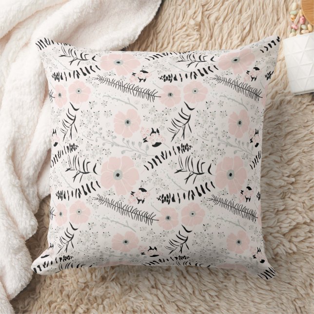 Sweet Pink Grey Floral Pattern Throw Pillow (Blanket)