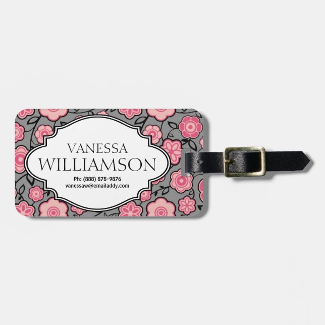 Sweet Pink Grey Personalized Floral Bag Tag (Front Horizontal)