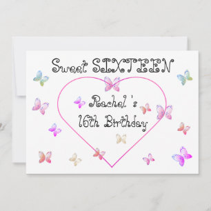 sweet Pink Heart Butterflies Sweet 16 Birthday Invitation