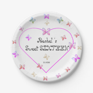 sweet Pink Heart Butterflies Sweet 16 Birthday Paper Plate