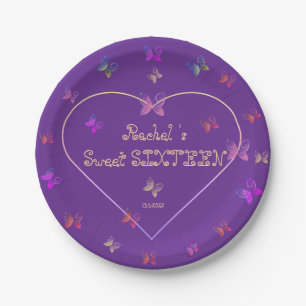 sweet Pink Heart Butterflies Sweet 16 Birthday Paper Plate