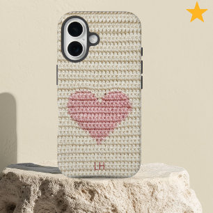 Sweet Pink Heart Crochet Yarn Custom Initials iPhone 16 Case