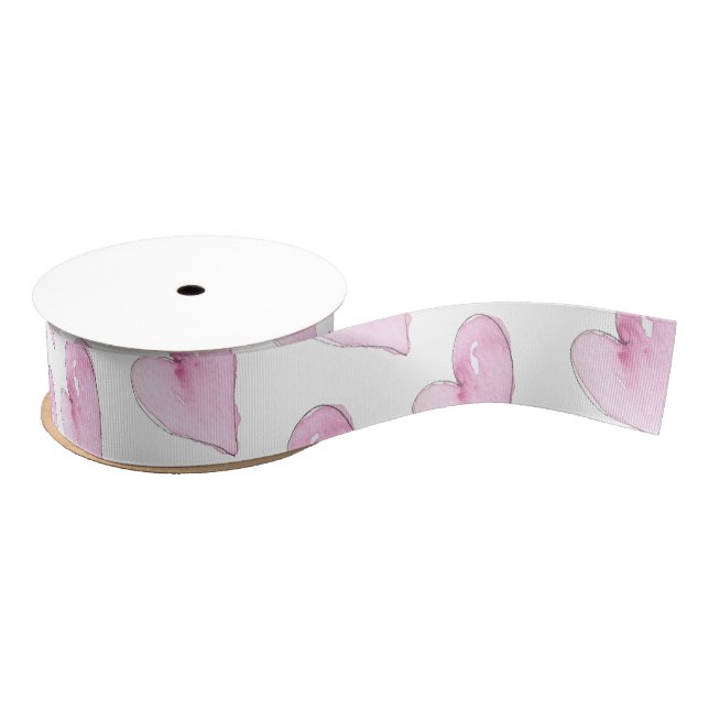 Sweet Pink Hearts Artisan Watercolor Pattern Love  Grosgrain Ribbon (Spool)