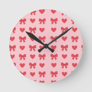 Sweet Pink Hearts & Bows Pattern Round Clock