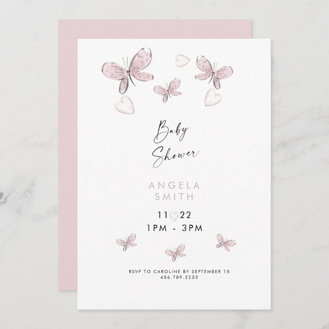Sweet Pink Hearts & Butterflies II Invitation (Front/Back)
