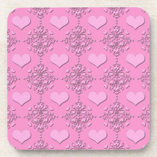 Sweet Pink Hearts Damask Coaster